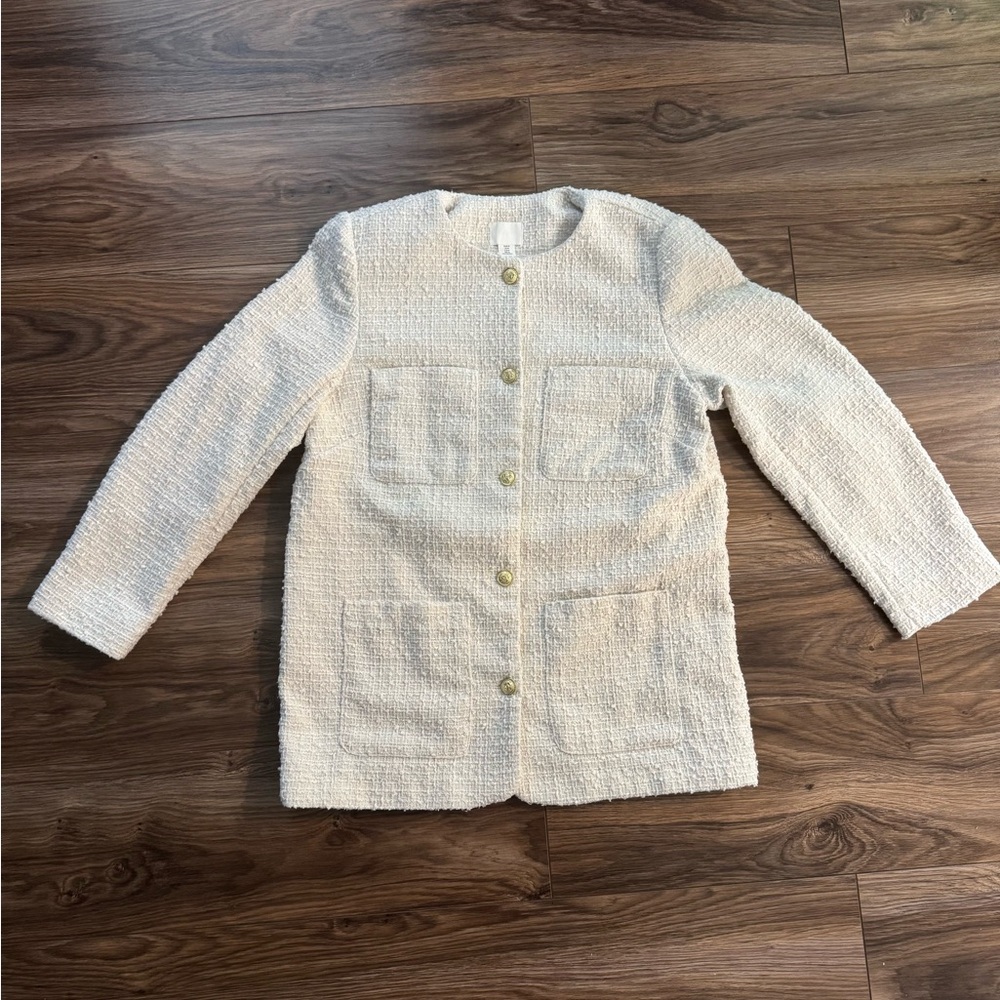 H&M Cream Textured Boucle Tweed Gold Button Front Jacket